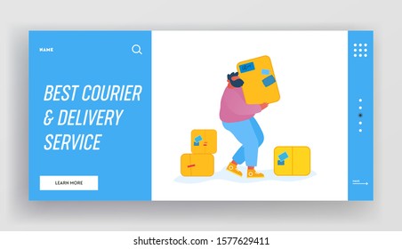 Loader Bringing Packing in Post Office Warehouse Website Landing Page. Courier Man Carry Parcel Boxes. Mail Delivery Service, Postage Transportation Web Page Banner. Cartoon Flat Vector Illustration