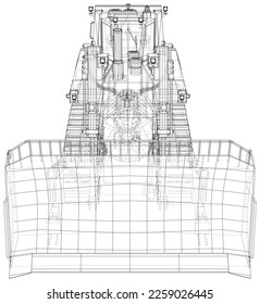 Loader or bulldozer. Excavator Vector illustration. Wire-frame line isolated. Vector rendering of 3d.