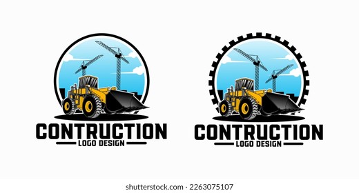 Loader bulldozer heavy construction equipment with crane and building illustration vector