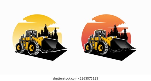 Loader bulldozer heavy construction equipment illustration vector with pine forest