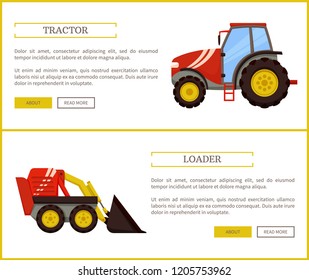 Loader bulldozer and tractor posters set vector. Excavator used in farming and agriculture, rural machinery and devices for transporting products