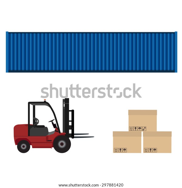 Loader car, blue cargo container and three carton\
boxes with shipping symbols vector illustration. Delivery service.\
Delivery icon set