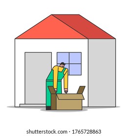 Loader with cardboard box over house background. Male porter worker in uniform unpacking staff help people moving to new home. Moving home and delivery service concept. Flat vector illustration