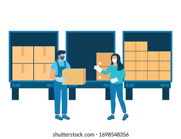 Loader carries boxes of goods, unloading or loading cargo truck. Handing over goods, humanitarian aid. Wholesale work in logistics, delivery, shipping. Boxes of goods for import and export. Vector