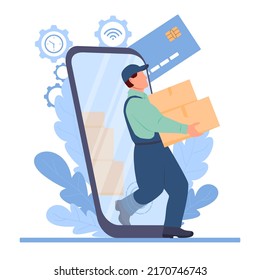 Loader comes out of a giant smartphone and carries heavy boxes in his hands. Online shopping via smartphone application, mobile payment. Vector illustration