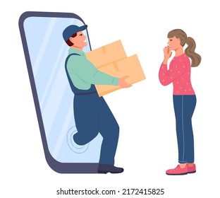 Loader comes out of a giant smartphone and carries heavy boxes in his hands. Happy girl meets delivery man with order. Online shopping via smartphone application, mobile payment. Vector illustration