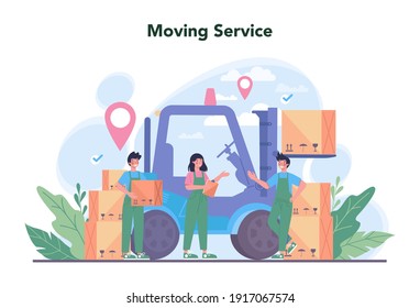 Concepto de cargador. Trabajador con cajas de carga uniformadas. Casilla de retenes del repartidor. Transporte de carga, servicio de traslado a casa. Vector de ilustración plana aislado