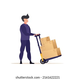 A loader or courier carries boxes on a trolley. The concept of delivering parcels to home or moving house. Cartoon style. Vector illustration. Isolated.