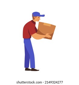 Loader or courier carries cardboard wrong due to incorrect posture. Carrying loads and transportation of heavy items, flat vector illustration isolated on white background