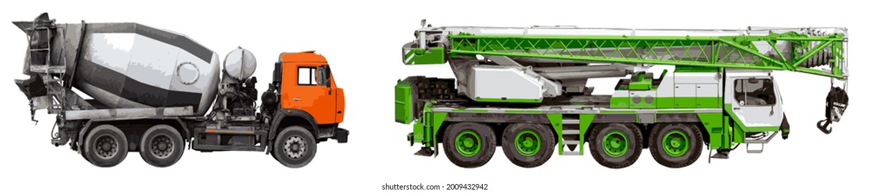 Loader crane and truck mixer isolated on white background. Color. Vector, eps10.