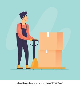 Loader drags boxes on trolley. Flat design vector illustration.