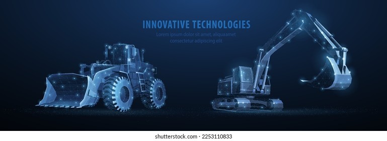 Loader and excavator. Abstract 3d heavy loader and excavator. Low pole. Construction machinery equipment, earth building bulldozer, earthmoving machine technology, industrial construction concept