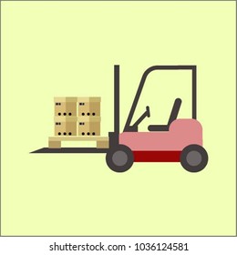 Loader, forklift loading boxes, ship, truck, warehouse, box. Flat design, vector illustration. Vector.