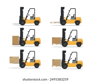 Loader forklift with loads cardboard box wooden crate pallet side view set realistic vector illustration. Industrial hydraulic machinery for cargo lifting empty and freight carrying