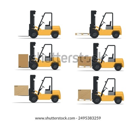 Loader forklift with loads cardboard box wooden crate pallet side view set realistic vector illustration. Industrial hydraulic machinery for cargo lifting empty and freight carrying