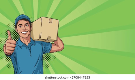 A loader guy, a courier in pop art style with boxes, shows a well-made