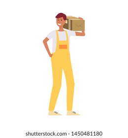 Loader holding brown box on shoulder cartoon style, vector illustration isolated on white background. Delivery man carrying cardboard package or parcel