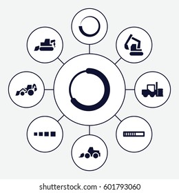 loader icons set. Set of 9 loader filled icons such as forklift, excavator