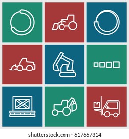 Loader icons set. set of 9 loader outline icons such as excavator, cargo on palette, forklift