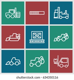 Loader icons set. set of 9 loader outline icons such as forklift, excavator, cargo on palette