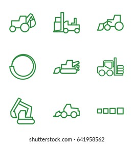 Loader icons set. set of 9 loader outline icons such as forklift, excavator