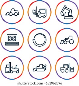 Loader icons set. set of 9 loader outline icons such as forklift, excavator, cargo on palette