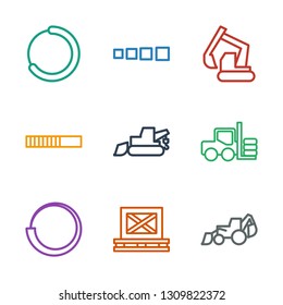 loader icons. Trendy 9 loader icons. Contain icons such as excavator, cargo on palette, loading, forklift. loader icon for web and mobile.