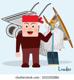 Loader illustration with shovel, barrow and garbage bags on the background