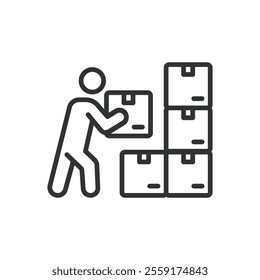 Loader job, icon in line design. Loader job, cargo handling, manual labor, warehouse work, heavy lifting on white background vector. Loader job, icon in line design editable stroke icon