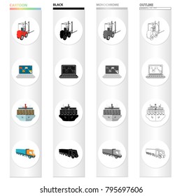 Loader, laptop, shipping by sea, truck. Logistics and delivery set collection icons in cartoon black monochrome outline style vector symbol stock illustration isometric web.