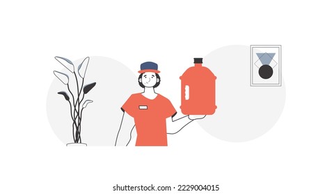 Loader with a large bottle of water in his hands. Water delivery concept. Linear trendy style.