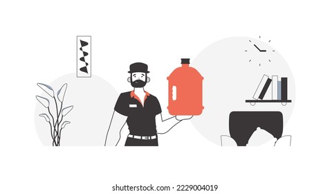 Loader with a large bottle of water in his hands. Water delivery concept. Linear style.