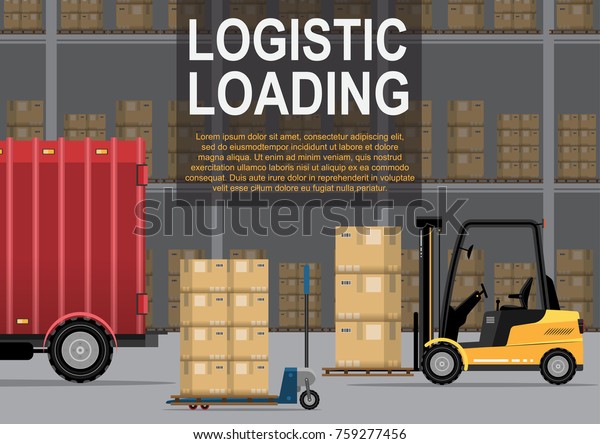 The loader loads or unloads the goods pallet in the\
truck in the warehouse for export or import vector illustration\
flat