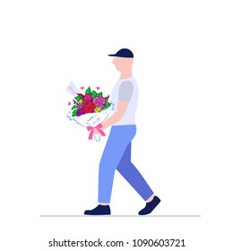  loader man with big beautiful bouquet of flowers .Fast delivery . Courier service .Vector flat style illustration 