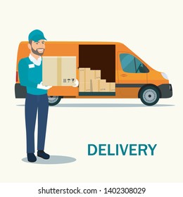 Loader man with cardboard boxes.  Fast delivery van. Vector flat style illustration