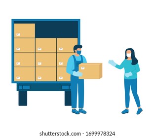 Loader man gives buyer box of goods. Unloading or loading cargo truck. Handing over goods, humanitarian aid. Wholesale work in logistics, delivery, shipping. Goods for import and export. Vector