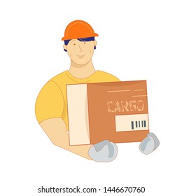 Loader A man holds a box in his hands. Carries a box. Requires a loader. Box in hand.
