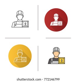 Loader man icon. Flat design, linear and color styles. Delivery service. Courier. Isolated vector illustrations