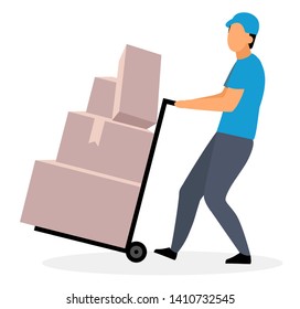 Loader man moving dolly cart flat vector illustration. Warehouse worker with packages on hand truck isolated cartoon character on white background. Deliveryman, courier delivering parcels concept