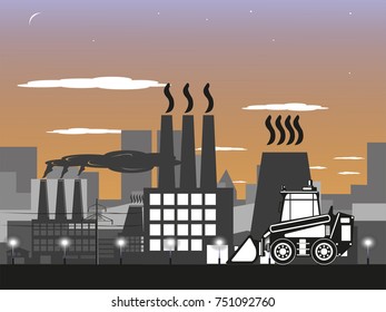 Loader on the background of the industrial district of a large city. Vector illustration.