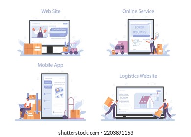 Loader online service or platform set. Storekeeper in uniform carrying a cargo. Delivery man holding box. Idea of transportation and logistics. Mobile app, website. Flat vector illustration