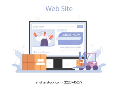 Loader online service or platform. Storekeeper in uniform carrying a cargo. Delivery man holding box. Idea of transportation and logistics. Website. Flat vector illustration