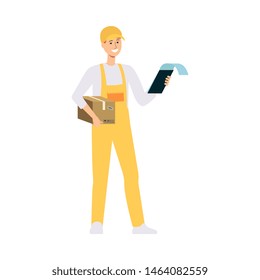 Loader in overalls holding brown box and checking clipboard cartoon style, vector illustration isolated on white background. Delivery man carrying cardboard parcel and checking order information