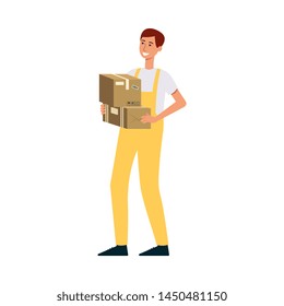 Loader in overalls holding two brown boxes cartoon style, vector illustration isolated on white background. Delivery man carrying cardboard packages or parcels