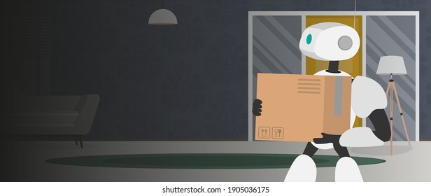 A loader robot is holding a box. Home delivery concept. Banner with space for text.