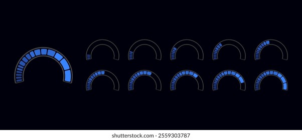 Loader round bar icons vector set. Loading scales and indicators progress bar for upload download process. HUD Sci Fi futuristic circular user ui interface. Digital screen or game control panel