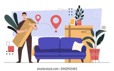 Loader service concept. Man with cardboartd boxes near blue sofa. Imigration and relocation. Home delivery of furniture. Shipping and transportation. Cartoon flat vector illustration