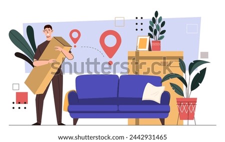 Loader service concept. Man with cardboartd boxes near blue sofa. Imigration and relocation. Home delivery of furniture. Shipping and transportation. Cartoon flat vector illustration
