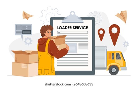Loader service concept. Man in uniform with cardboard box in hands near truck and checklist. Transportation and shipping, logistics. Warehouse worker. Flat vector illustration