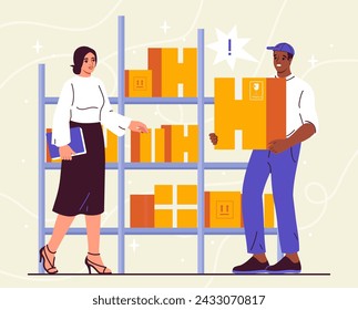 Loader service concept. Woman and man with cardboard box in hand. Didtriution and warehouse worker. Employees with parcels and goods. Shipping and logistics. Cartoon flat vector illustration